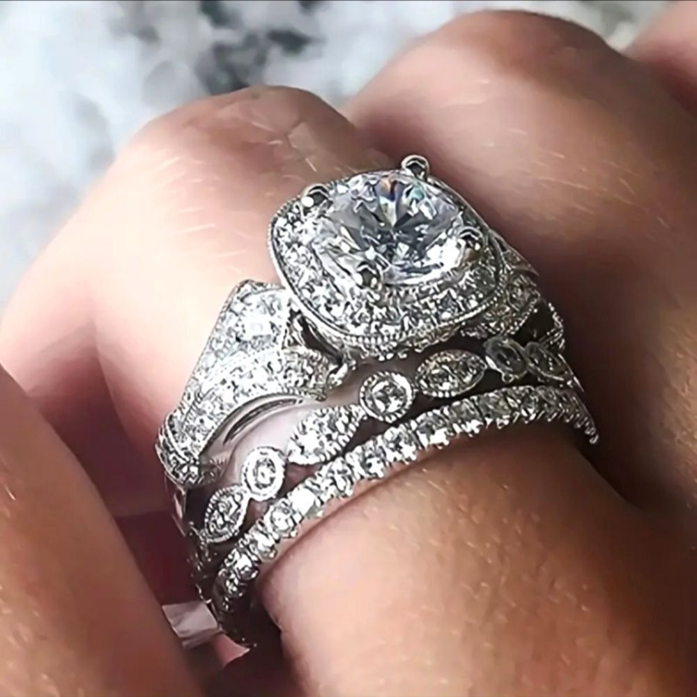 Vintage exquisitely crafted 3pc diamond wedding ring set sz 6
